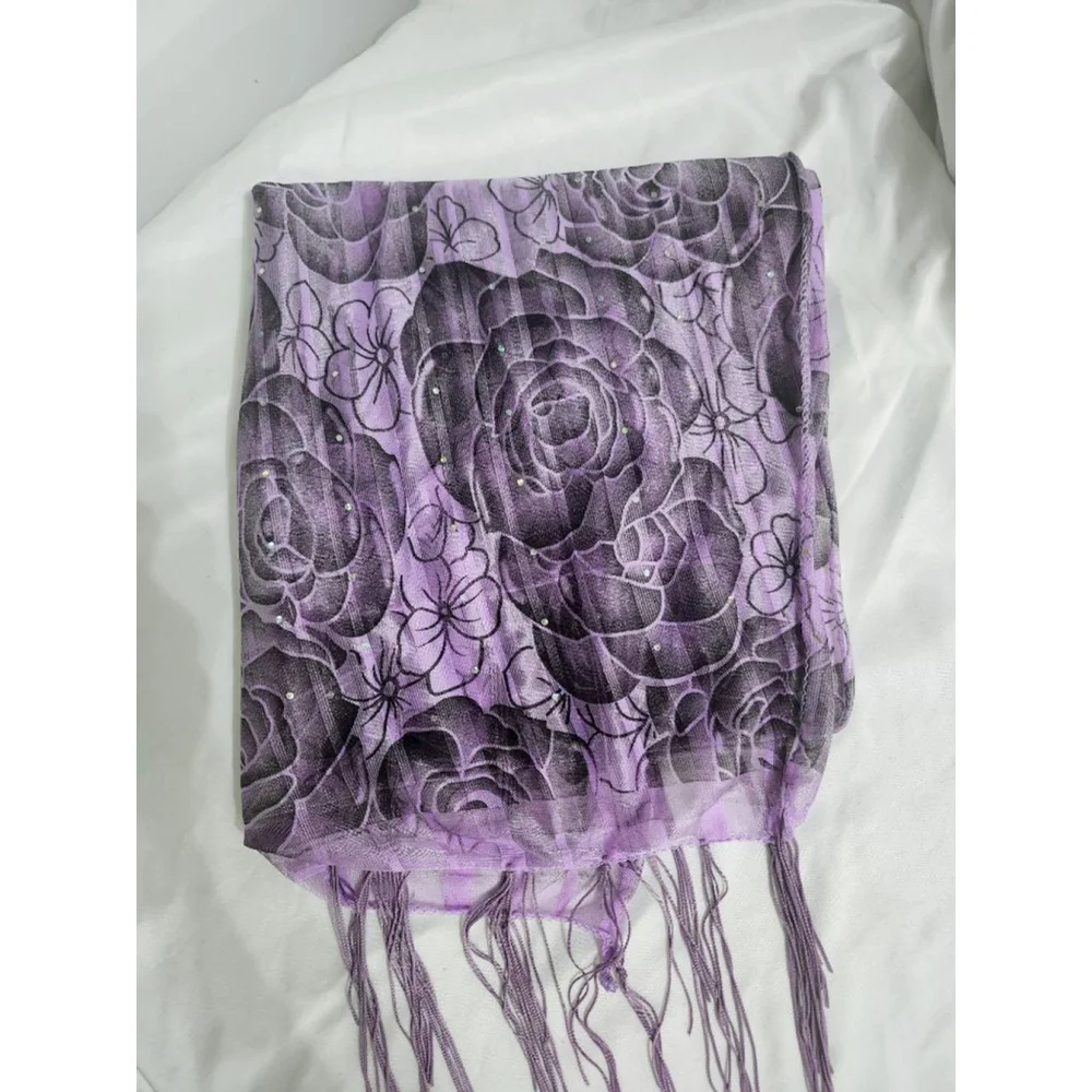 Purple Black Floral Scarf With Fringe